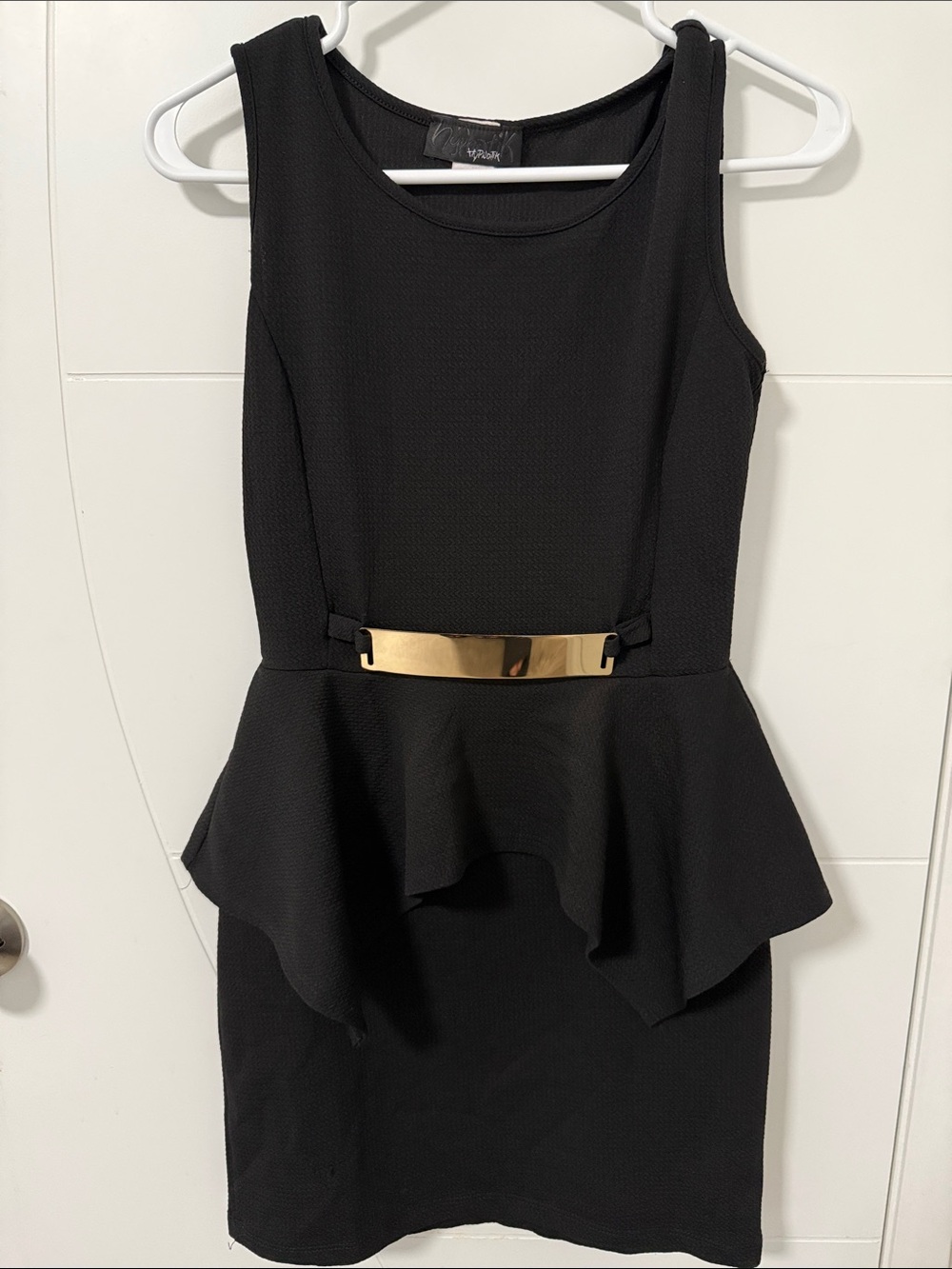 Sleeveless Black Peplum Dress with Gold Accent